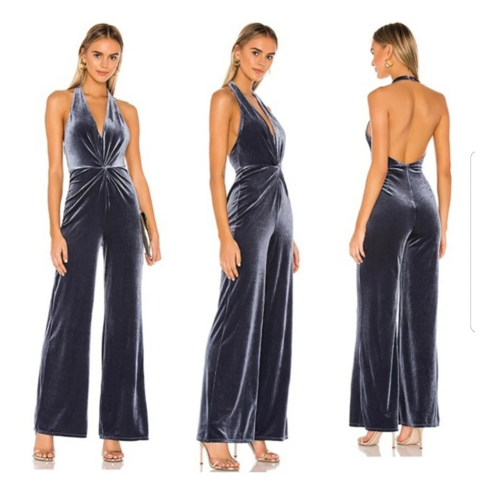 Lovers + Friends Slate Blue Velvet Halter Jumpsuit